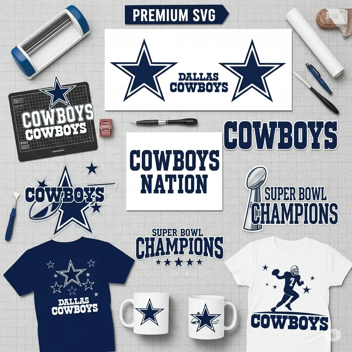 Dallas Cowboys SVG logo designs in official navy and silver team colors for Cricut crafting