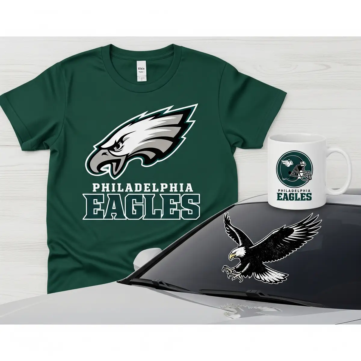Philadelphia Eagles SVG designs applied to custom t-shirt, coffee mug, and car decal projects