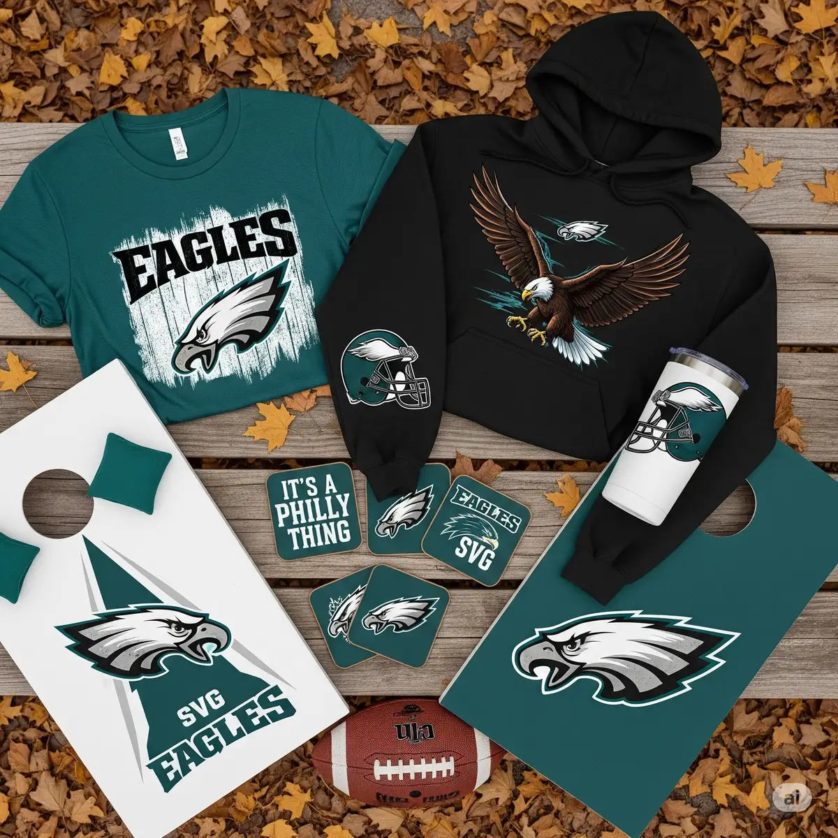 Philadelphia Eagles SVG applied to custom t-shirts, mugs and tailgate decorations