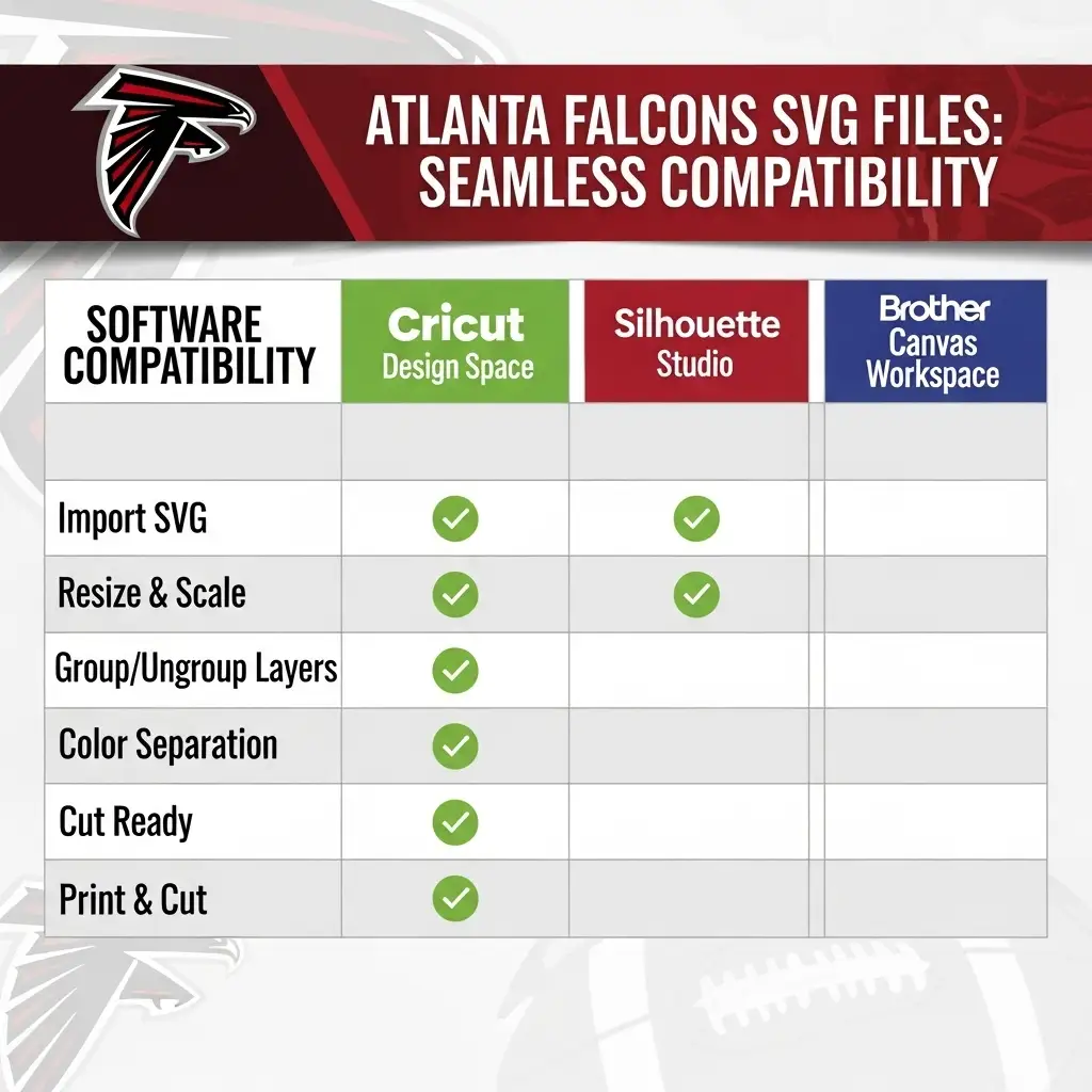 Atlanta Falcons SVG file format compatibility chart showing Cricut Design Space, Silhouette Studio, and Brother Canvas Workspace support