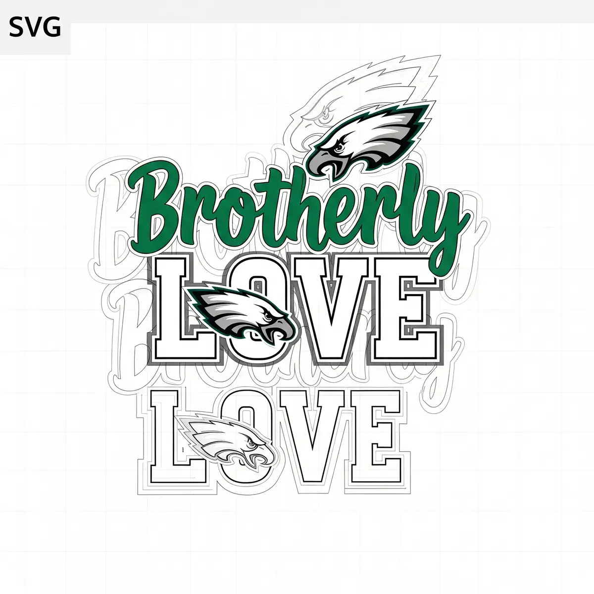Philadelphia Eagles Brotherly Love SVG file showing separated layers for Cricut cutting