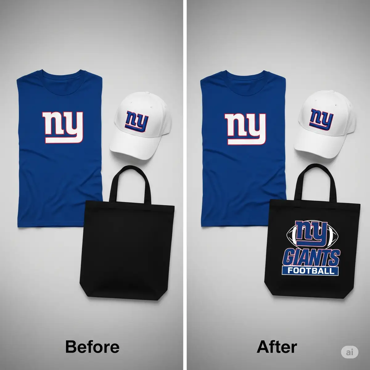 Before and after comparison showing plain items transformed into professional Giants fan gear using SVG designs