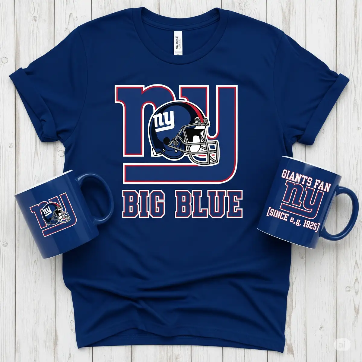 Custom New York Giants t-shirt and mug created using professional SVG files showing Big Blue team pride