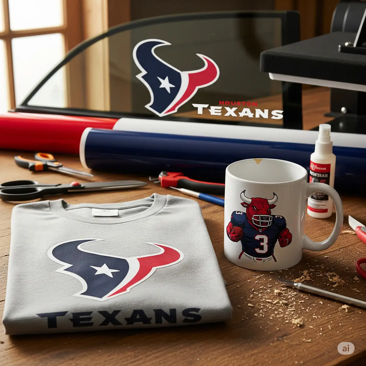 Custom Houston Texans DIY projects including completed t-shirt with team logo, coffee mug with Toro mascot, and car window decal featuring team colors