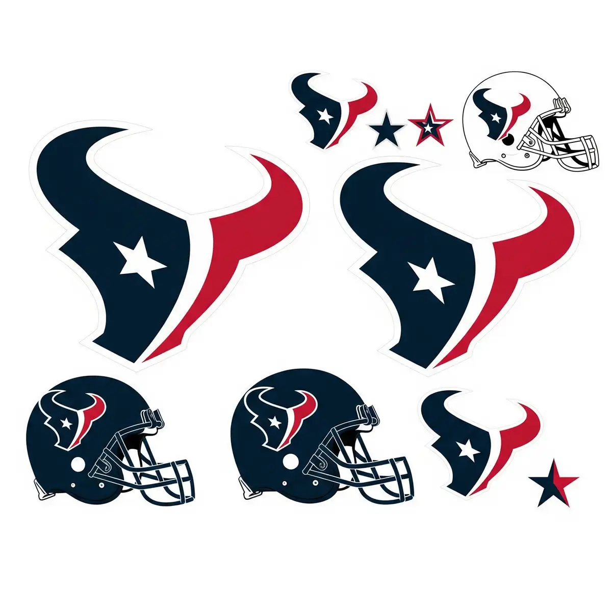 Houston Texans SVG logo collection featuring primary team logo, alternate bull head design, and helmet graphics in official Deep Steel Blue and Battle Red colors