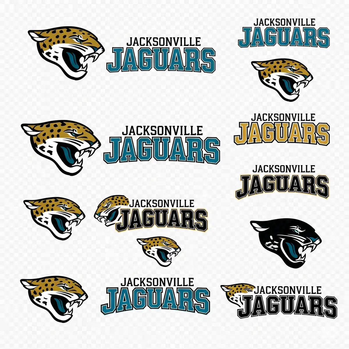 Jacksonville Jaguars SVG logo collection featuring primary team logos in official teal, gold, and black colorways