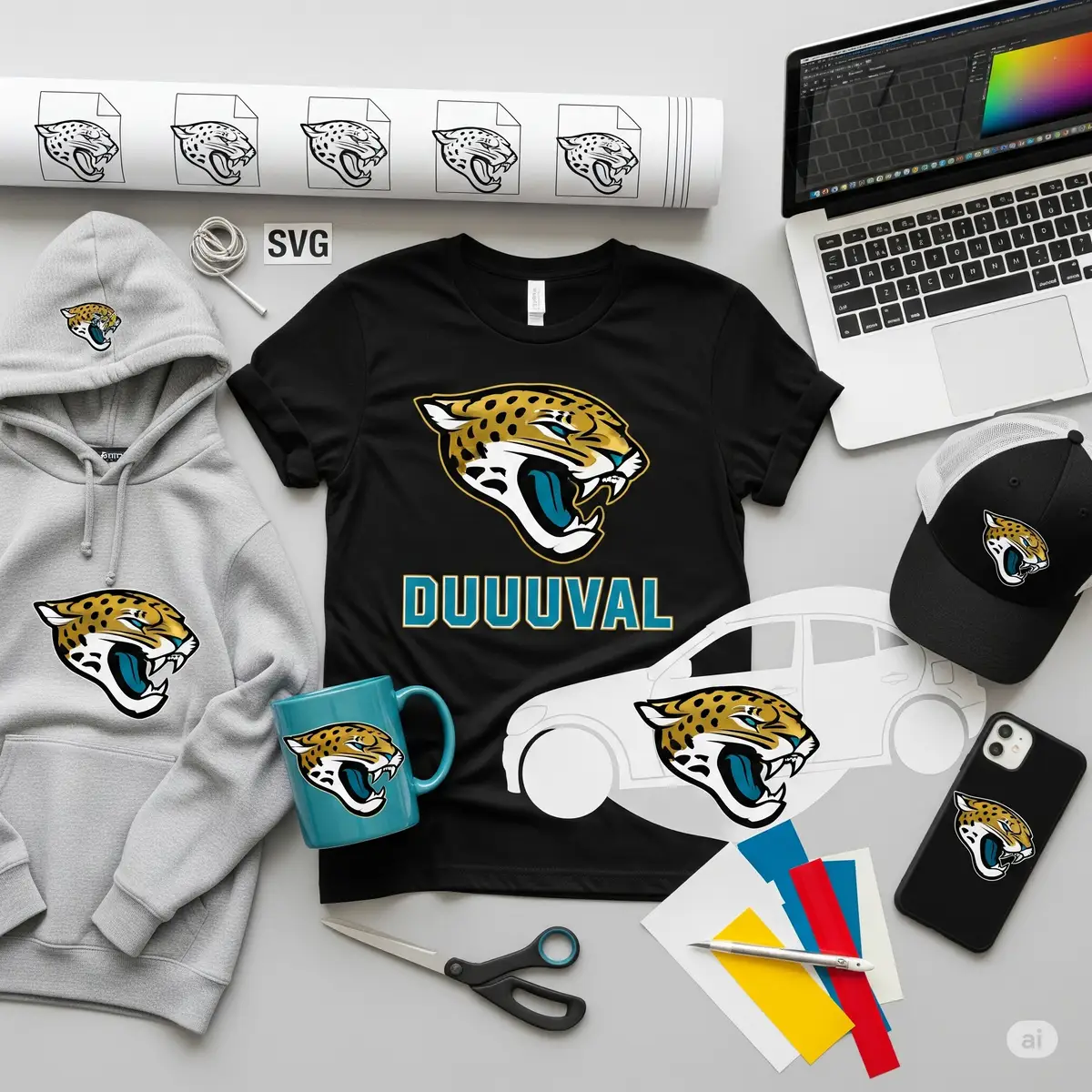Custom Jacksonville Jaguars merchandise created with SVG files including t-shirts, coffee mugs, and car decals