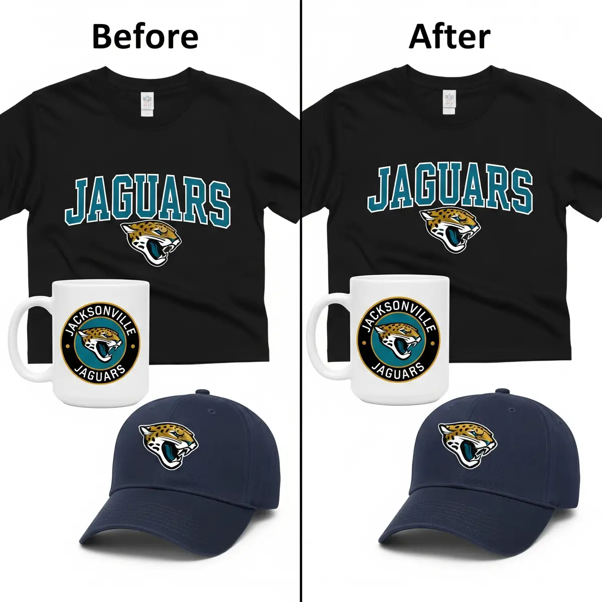 Before and after comparison showing plain items transformed into professional Jacksonville Jaguars fan merchandise using SVG designs
