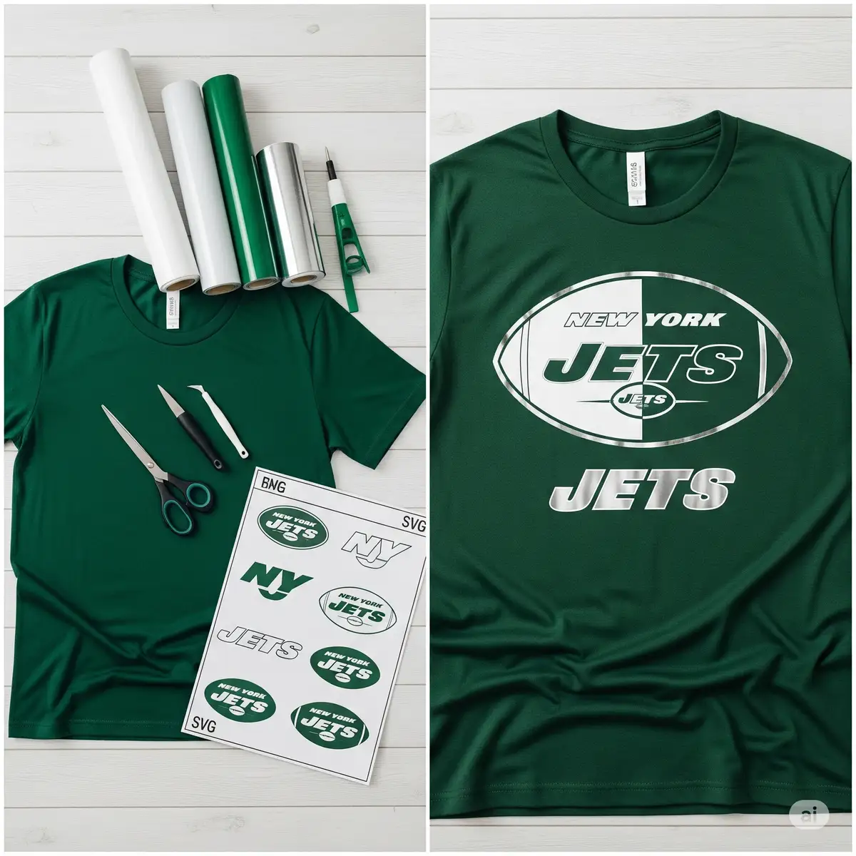 Before and after photos showing blank t-shirt and materials transformed into professional New York Jets fan merchandise using SVG files