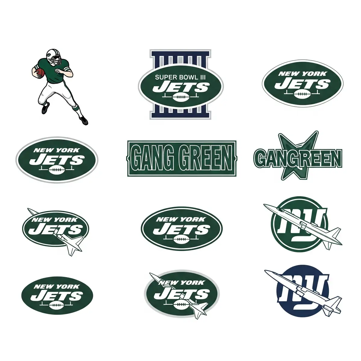 New York Jets SVG logo collection showing vintage Super Bowl III and modern Gang Green designs for Cricut projects