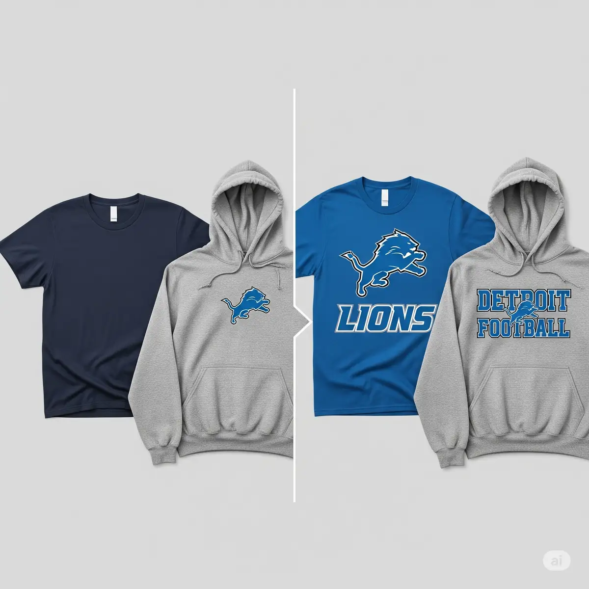 Before and after comparison showing plain apparel transformed with Detroit Lions SVG designs