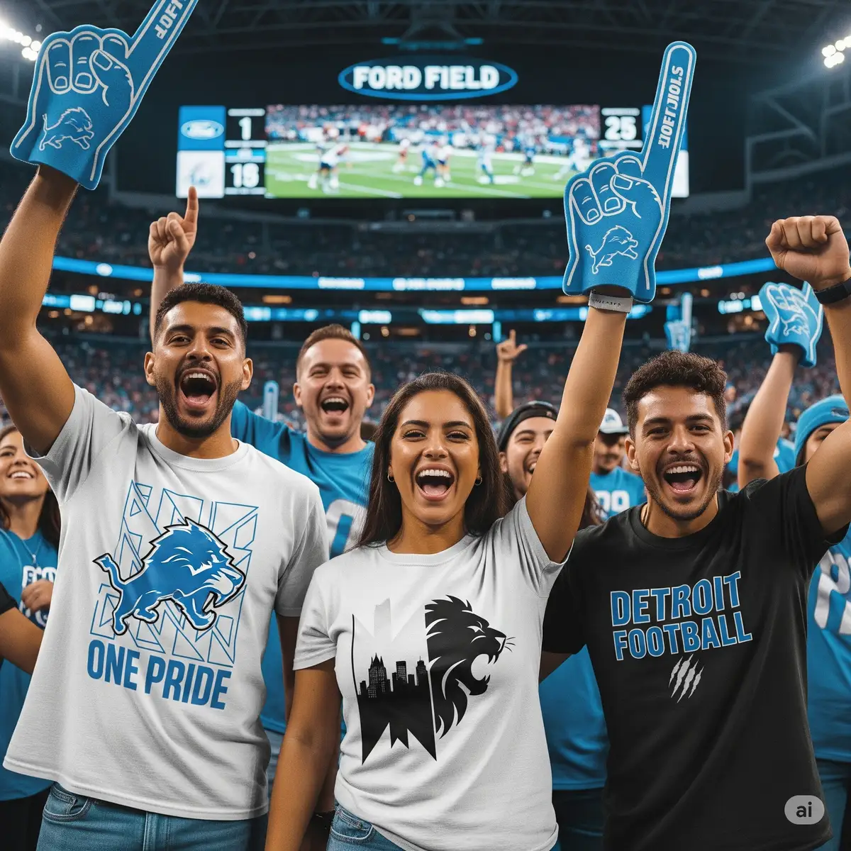 Lions fans wearing custom t-shirts created with Detroit Lions SVG designs at Ford Field