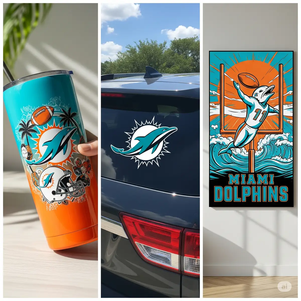 Miami Dolphins fan project gallery showing custom tumbler, car decal, and wall art made from SVG files