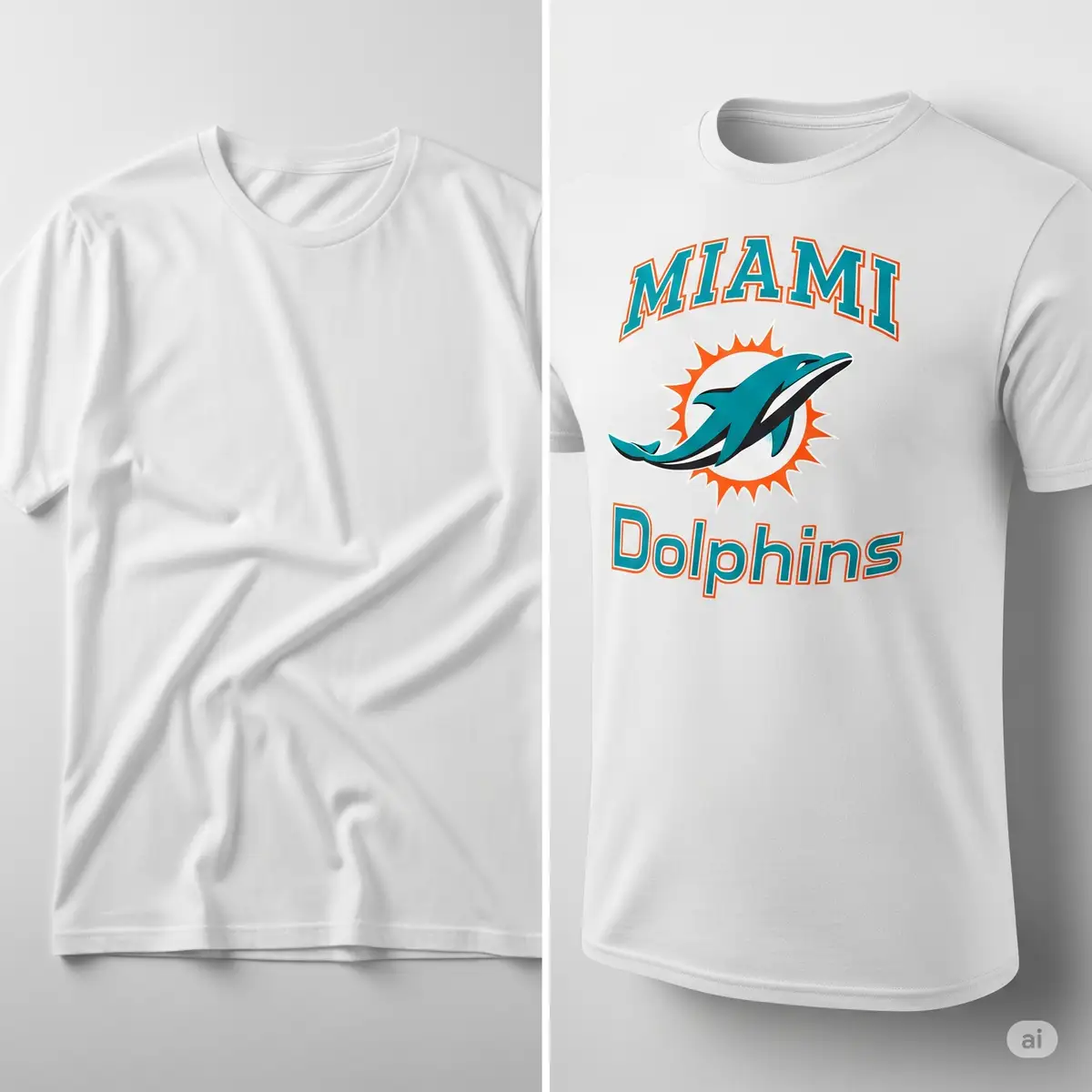 Before and after showing plain white t-shirt transformed into custom Miami Dolphins gameday gear using SVG files
