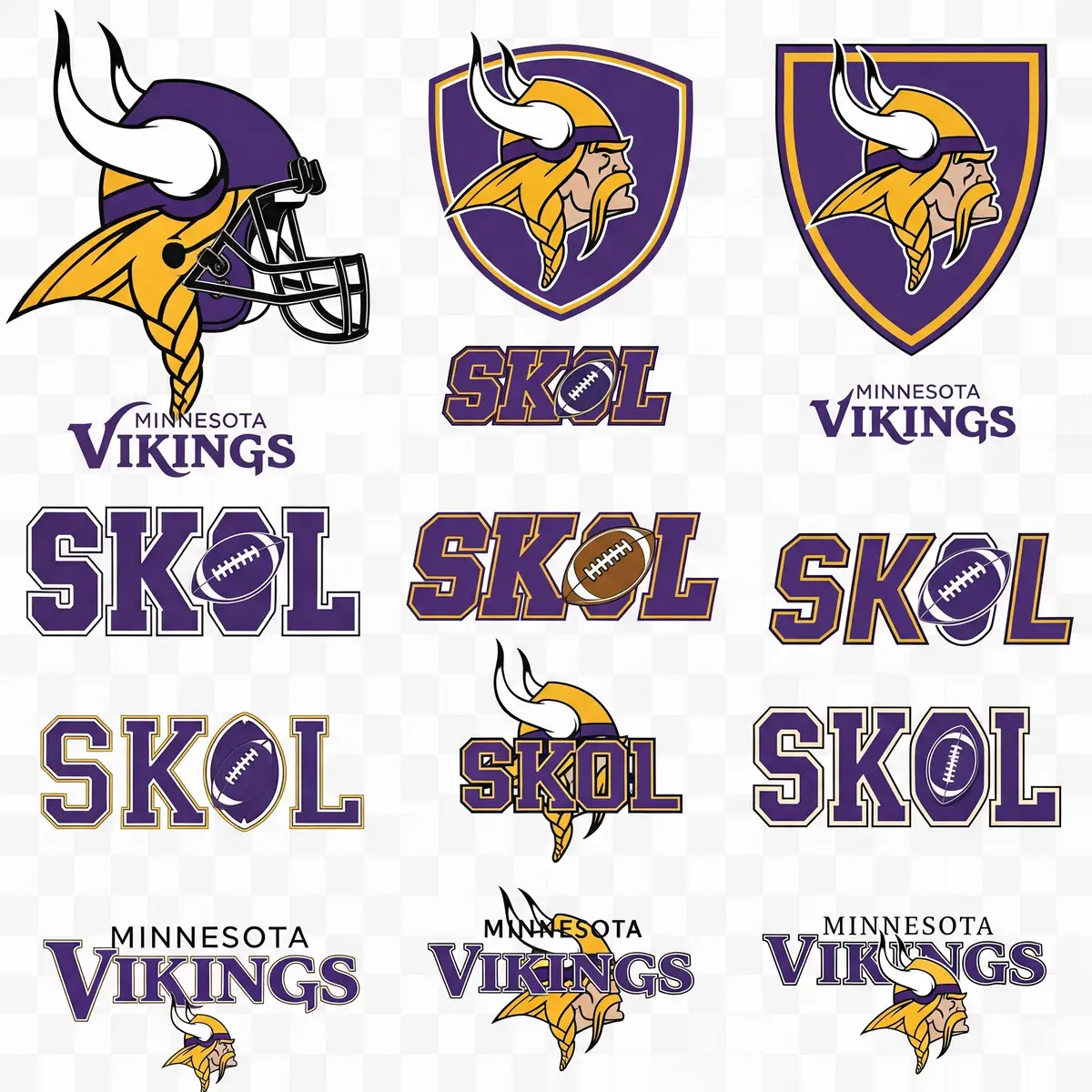 Minnesota Vikings SVG collection featuring classic team logos and SKOL designs for Cricut projects