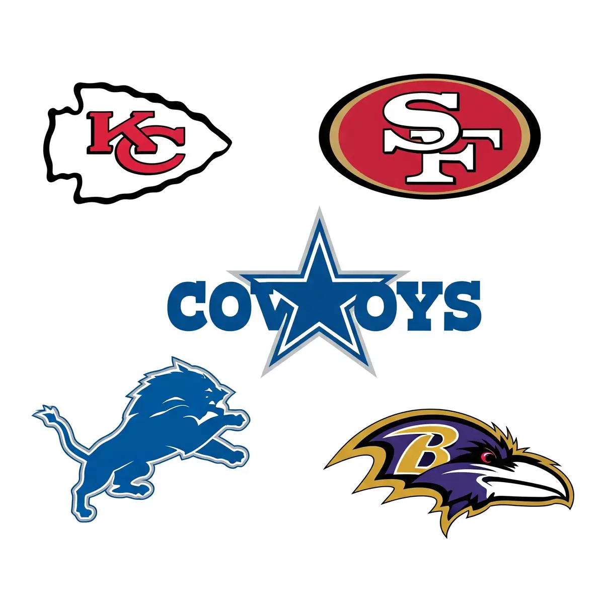 Free NFL team logo SVG files for Chiefs, 49ers, Cowboys, Lions, and Ravens in official team colors