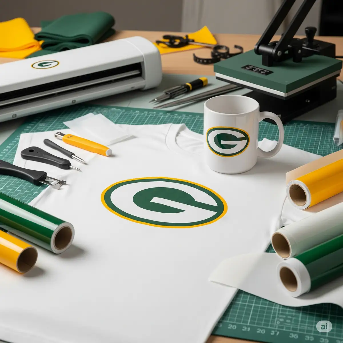 DIY Green Bay Packers t-shirt and mug created using professional SVG files showing authentic team colors