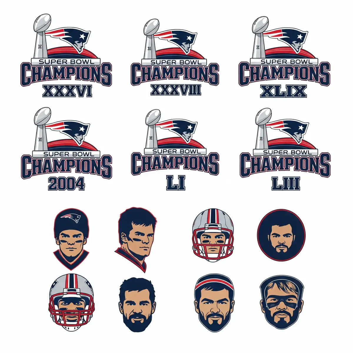 New England Patriots SVG collection featuring six Super Bowl championship designs and dynasty era player graphics for Cricut projects.