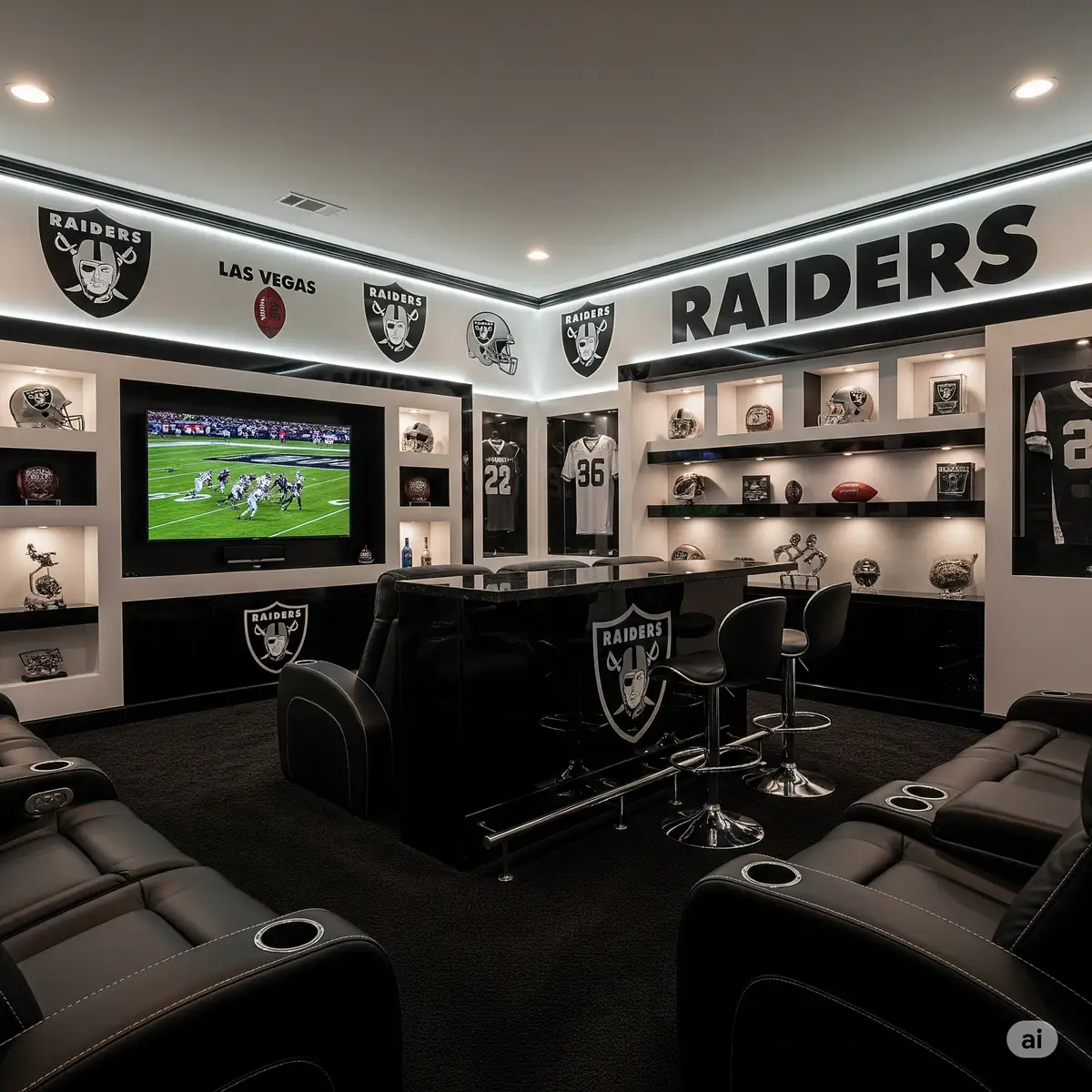 A professional Raiders fan cave transformation using premium Las Vegas Raiders SVG designs on walls and decor.