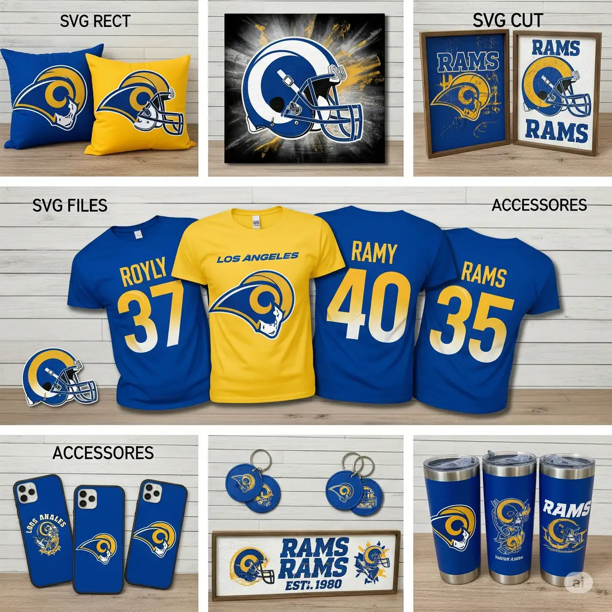 Gallery of completed Los Angeles Rams fan projects including custom shirts, home decor, and accessories made with SVG files