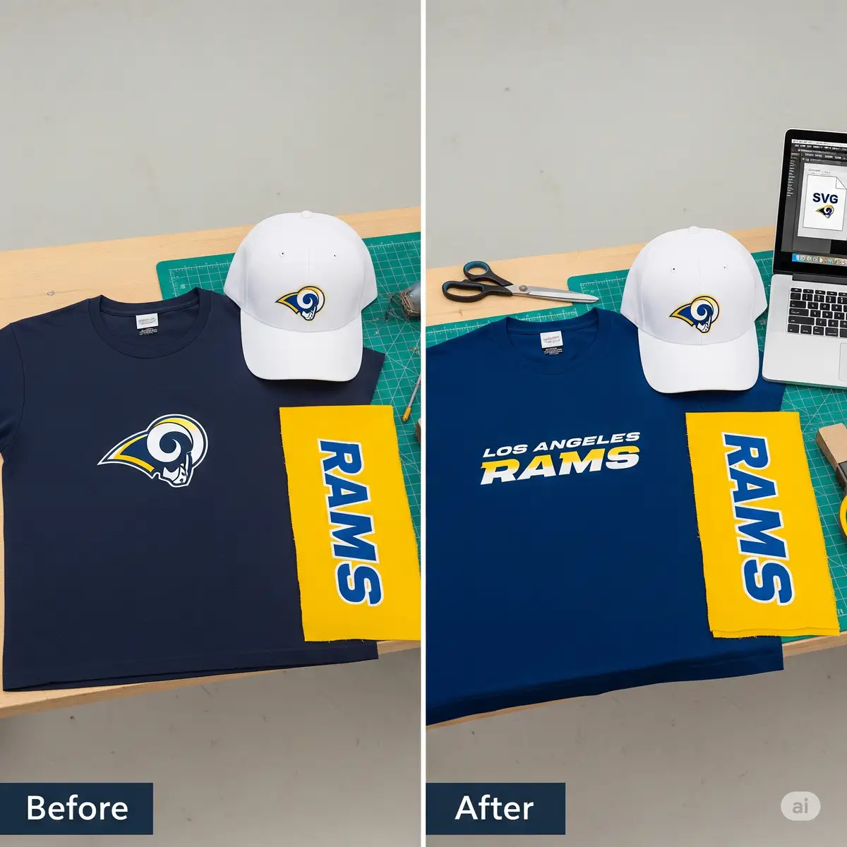 Before and after comparison of plain materials transformed into Los Angeles Rams fan gear using SVG files