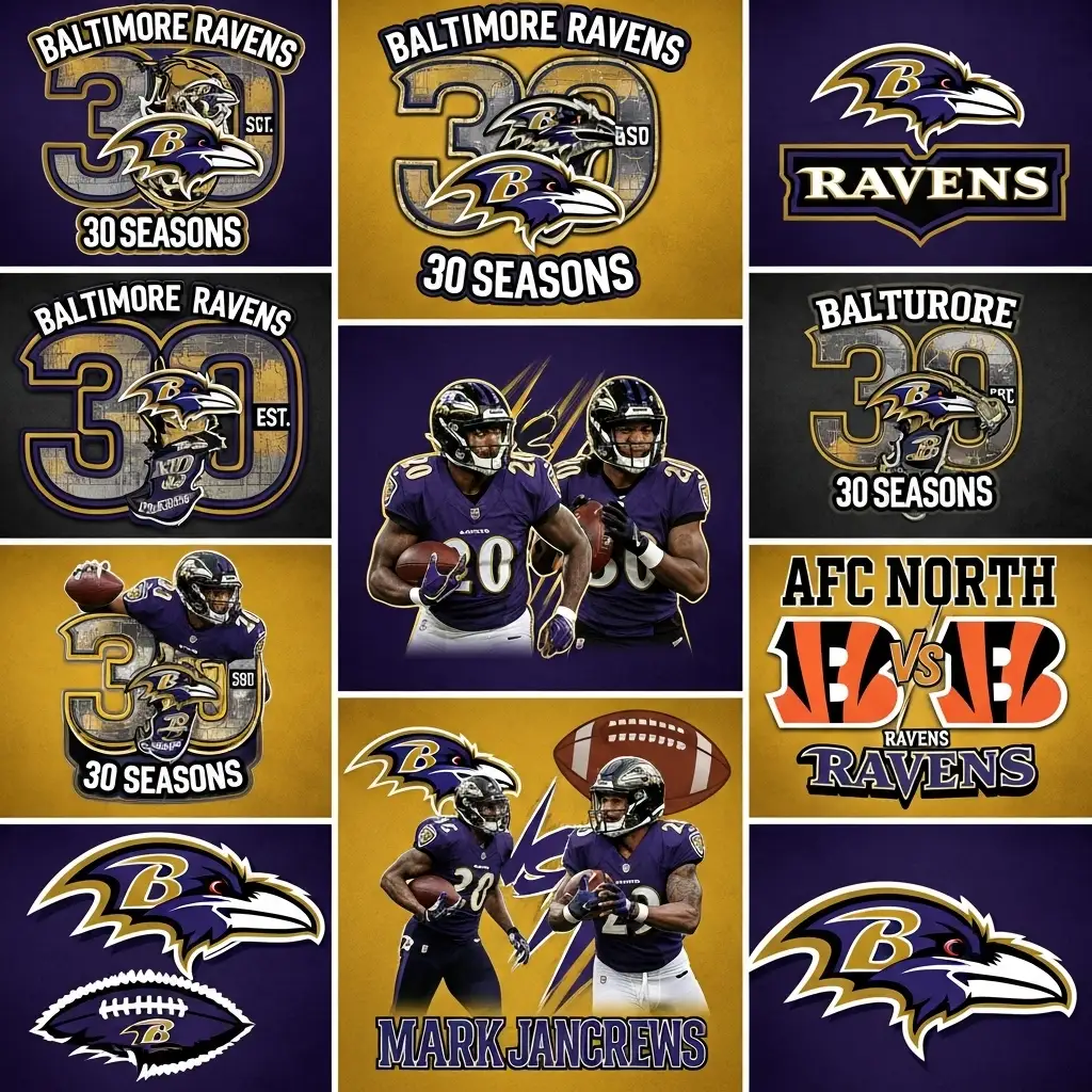 Baltimore Ravens SVG collection showing Lamar Jackson designs, 30th anniversary logos, and AFC North rivalry graphics for Cricut and Silhouette cutting machines