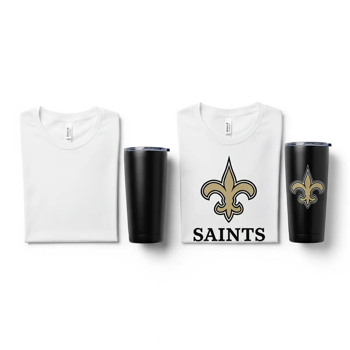 A plain white t-shirt and a black tumbler are shown next to the same items decorated with New Orleans Saints SVG fleur-de-lis and logo designs.