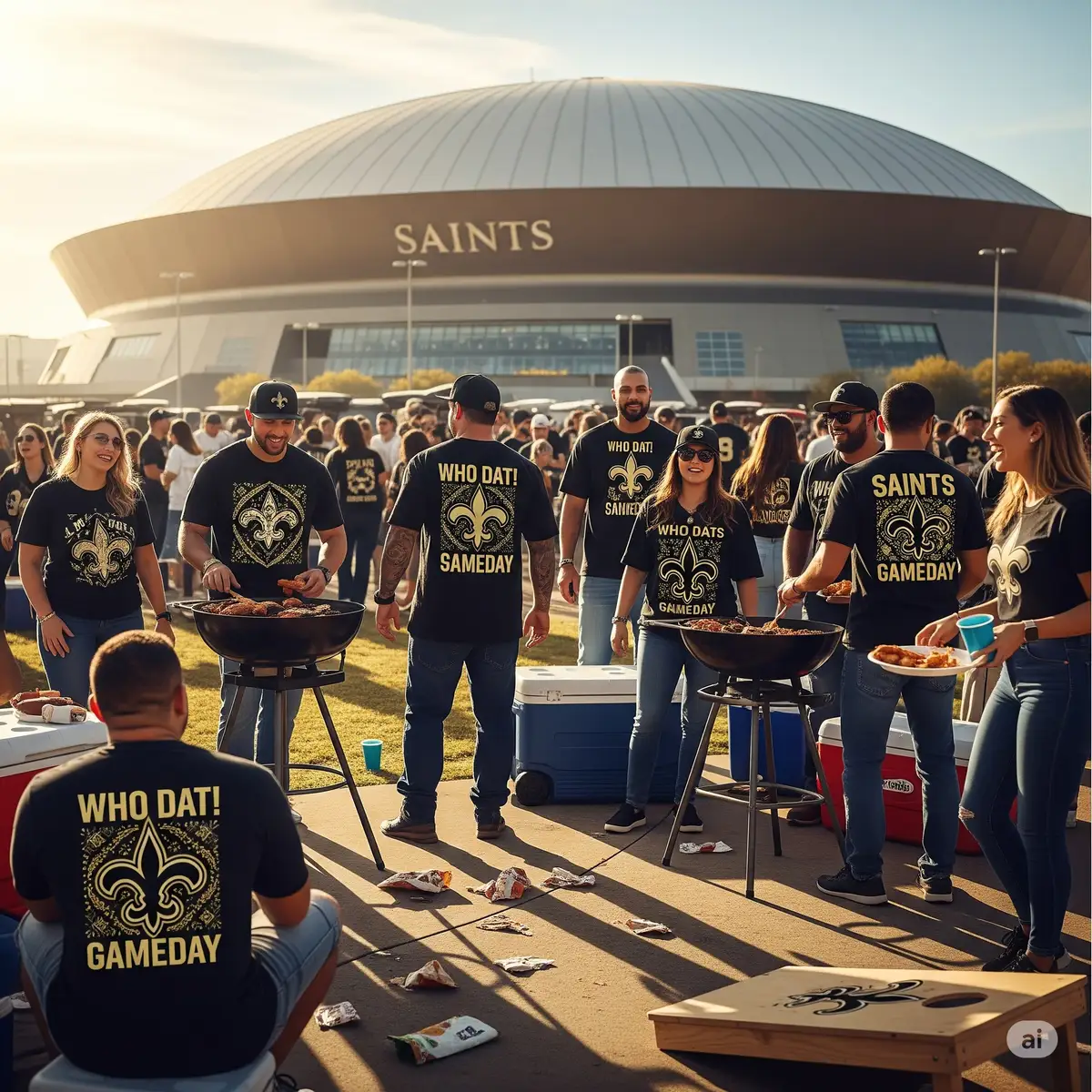 Saints fans wearing custom SVG-designed shirts at a tailgate party outside the Superdome