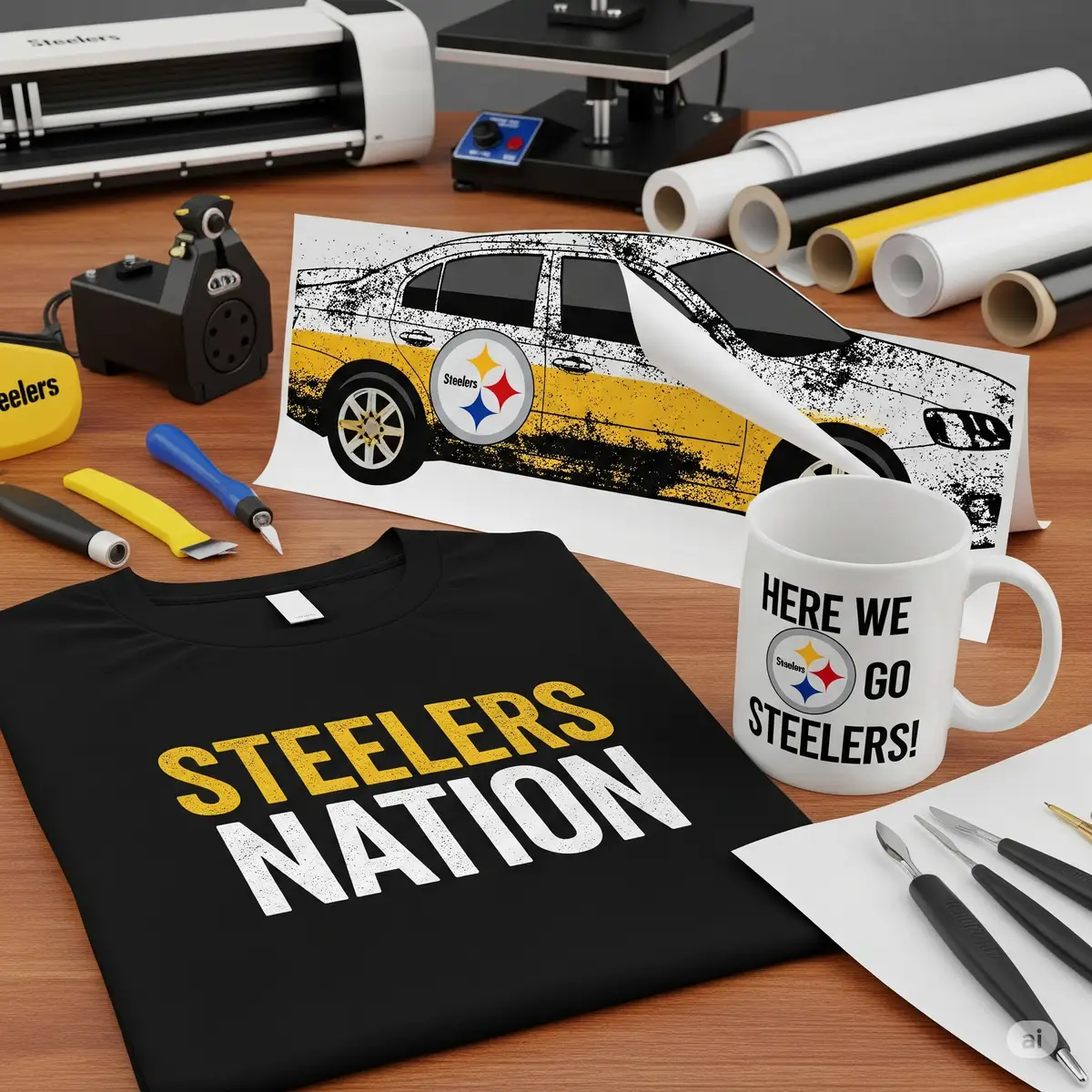 Real Pittsburgh Steelers fan craft projects including custom shirts, mugs, and car decals made with SVG files