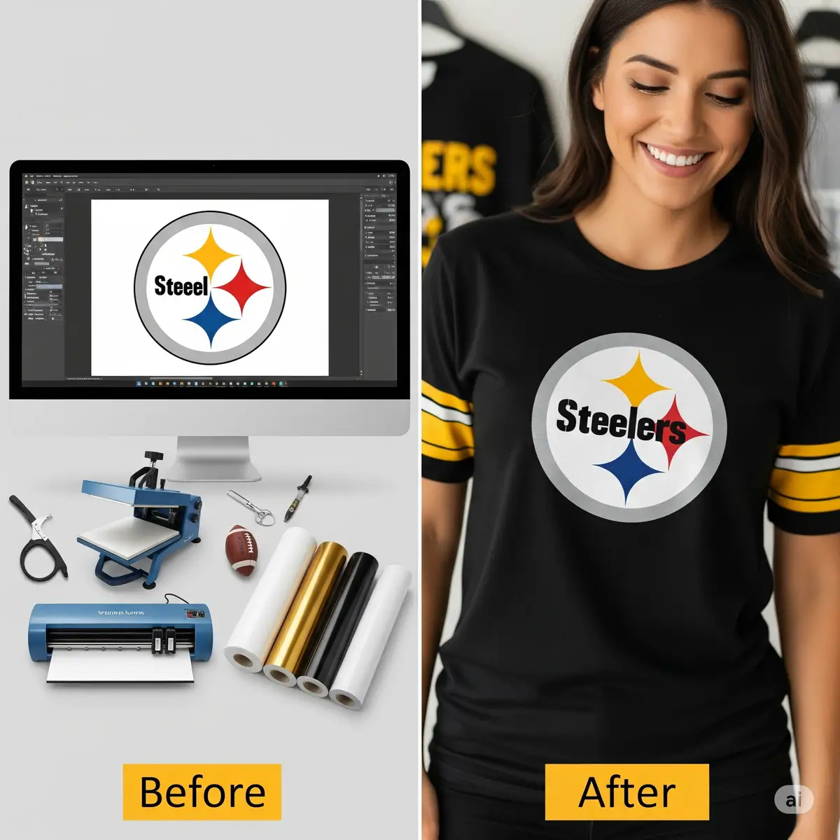 Before and after comparison of Pittsburgh Steelers SVG file being transformed into custom gameday shirt