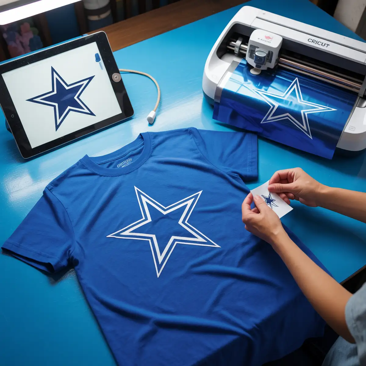 NFL SVG file being transformed into custom gameday t-shirt using Cricut machine