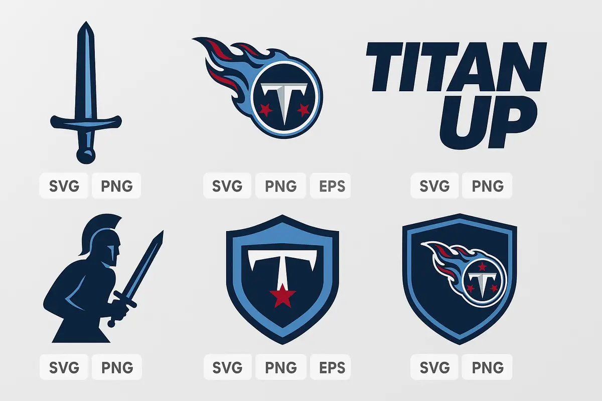 Tennessee Titans SVG collection featuring sword logo, Titan Up designs, and mascot graphics in Two Tone Blue