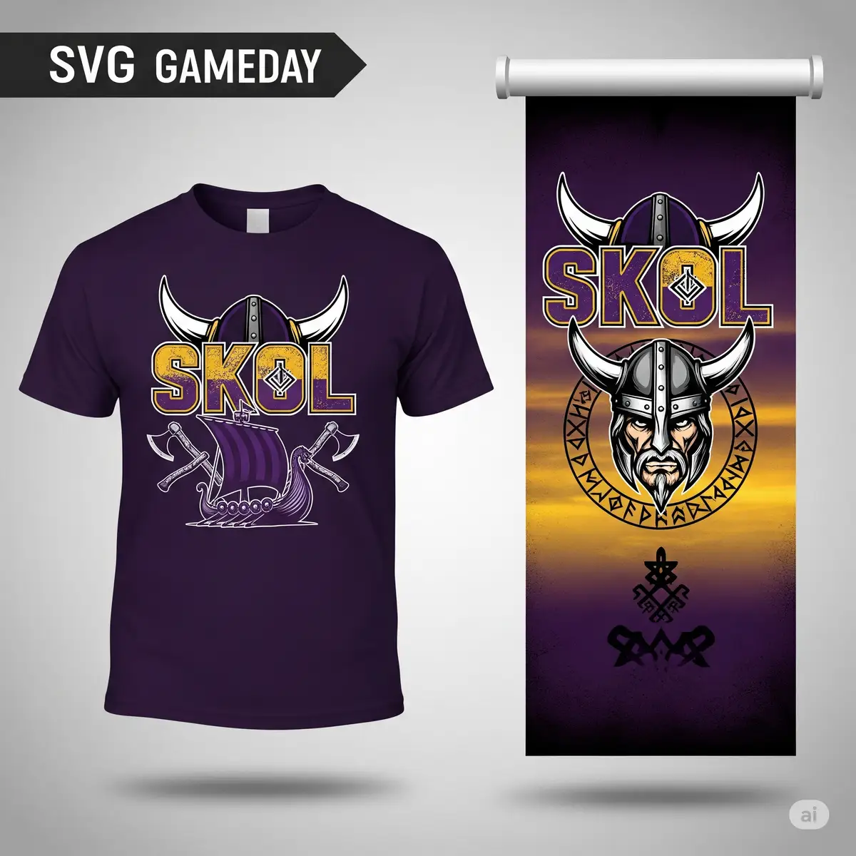 Example Vikings SVG projects showing custom SKOL gameday shirt and tailgate banner