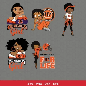 cartoon Bengals player SVG expressing team pride featuring female characters for Cricut and Silhouette