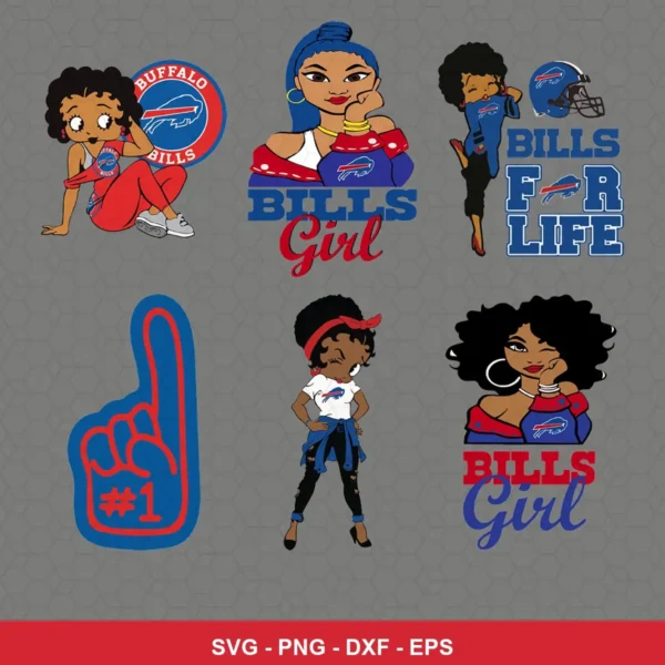cartoon Bills player SVG expressing team pride featuring female characters for Cricut and Silhouette